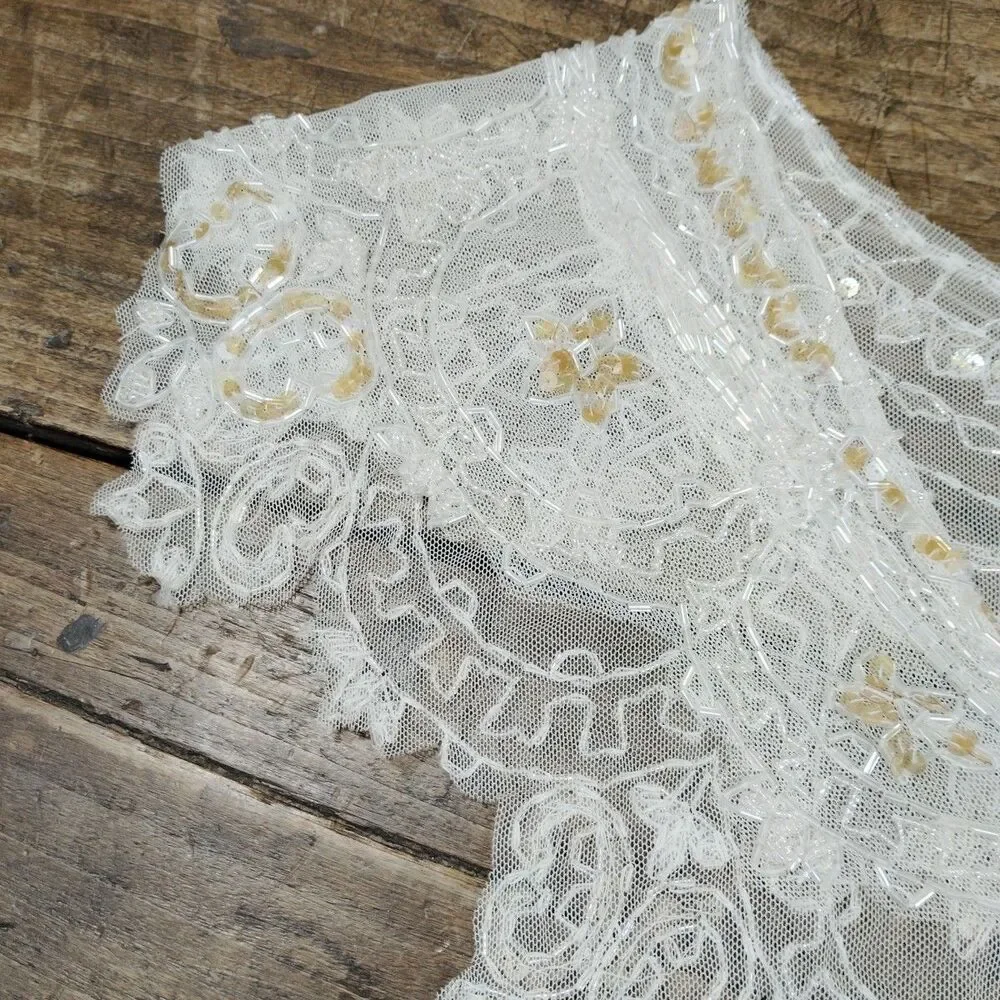 Vintage Victorian Lace Beaded Shawl Shrug Wrap Cream Old Hollywood Glamour Movie